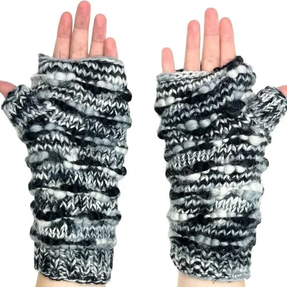 Hand Knit Winter Fingerless Striped Texting Gloves Warm Wool Fleece Lined - Picture 3 of 3